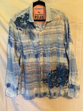Tommy Bahama Relax Button-Up Shirt - Blue Tie-Dye Palm Print
